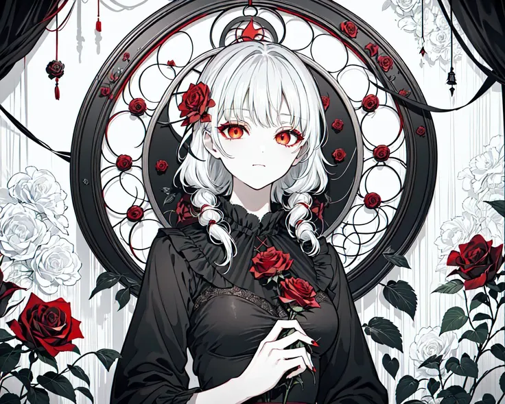 (best quality, masterpiece), (1girl, solo, black dress, standing , looking at viewer, white hair, red eyes, holding rose, closed mouth, upper body), (red dreamcatcher behind, red flower, )