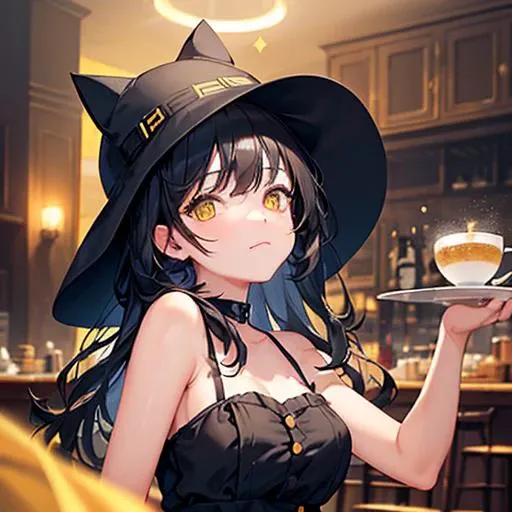 (best quality, masterpiece), (1girl, solo, black dress, cat hat, Stand sideways facing the camera, yellow eyes, black hair, looking at viewer, closed mouth, a black cat behind, upper body), (in caf house, one hand spell magic, swirling light particles),
