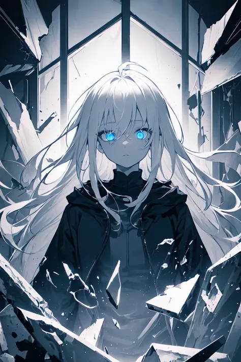 (best quality, masterpiece), (1girl, solo, black coat, expression face, looking at viewer, blue eyes, long hair, black pants, glowing eyes, white hair, ahoge, upper body), (monochrome background, broken window behind, swirling broken glass pieces background, wired place)
