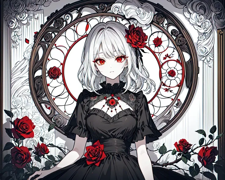 (best quality, masterpiece), (1girl, solo, black dress, standing , looking at viewer, white hair, red eyes, holding rose, closed mouth, upper body), (red dreamcatcher behind, red flower, )