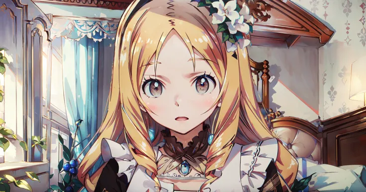 masterpiece, best quality, brown eyes, glod hair, formal dress, dress, elegant, sophisticated, glamorous, embroidered, flared, form-fitting, bed, bedroom, yamada elf, <lora:chara_Eromanga-sensei_YamadaElf_v1:1>
