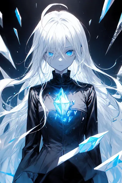 best quality, masterpiece, 1girl, solo, flat chest, black coat, expression face, looking at viewer, blue eyes, long hair, black pants, white hair, ahoge, upper body, monochrome background, broken window behind, half-closed eyes, swirling broken glass pieces background, <lora:r1ge - AnimeRage:0.4>, <lora:Gloomifier_TheDread_V1_LECO:1>, <lora:add_detail:1>, blue crystal, blue magic, hair between the eyes