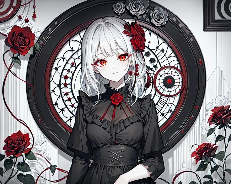 (best quality, masterpiece), (1girl, solo, black dress, standing , looking at viewer, white hair, red eyes, holding rose, closed mouth, upper body), (red dreamcatcher behind, red flower, )