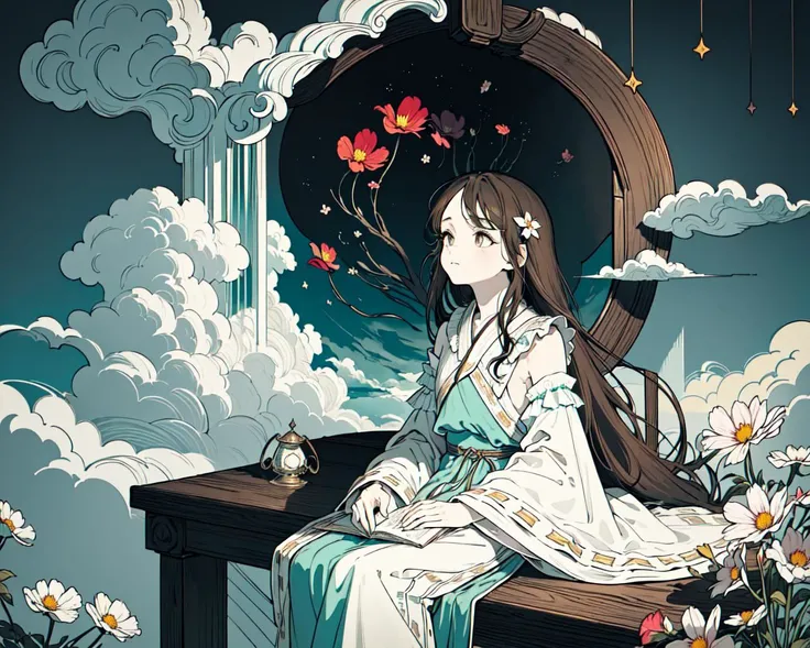 (best quality, masterpiece), Turquoise Screen Filter, (1girl, solo, brown robe, expression face, looking up, sitting, wide sleeves, black eyes, closed mouth, long hair, cowboy shot), (clear sky, cosmos flower filed, cloud),