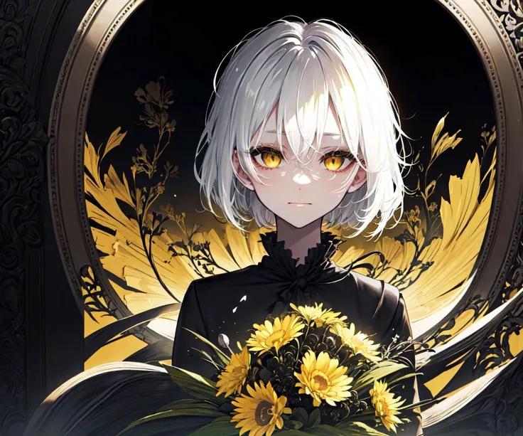 (best quality, masterpiece), (1girl, solo, black suit, standing , looking at viewer, white hair, yellow eyes, closed mouth, upper body), (giant black bouquet background, floral_background) <lora:hefheuefh-20:0.8>