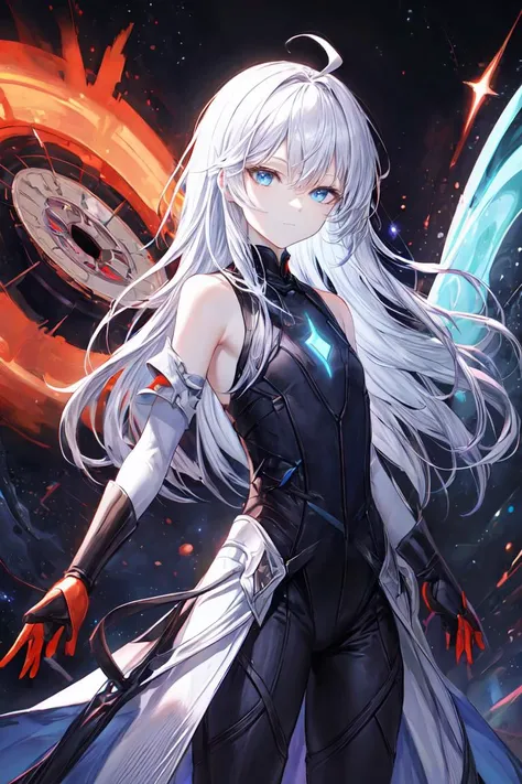 best quality, masterpiece, space entity, eldrich, purple theme, orange theme, red theme, glow, white hair, absurdly long hair, ahoge, blue eyes, (pale skin:0.9), expressionless face, looking at viewer, cowboy shot, flat chest, blue and red energy, <lora:add_detail:1>, half-closed eyes, holding a black hole, cold attitude, glow, lens flare, gauntlets, one side up