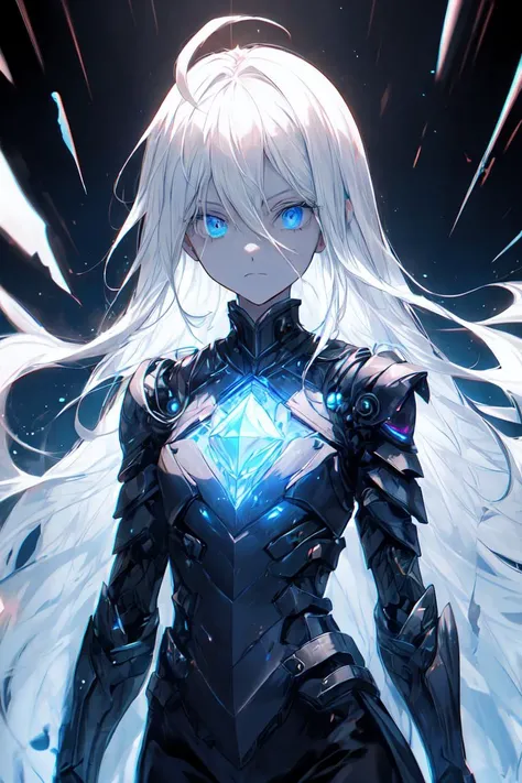 best quality, masterpiece, 1girl, solo, flat chest, black coat, expression face, looking at viewer, blue eyes, long hair, black pants, white hair, ahoge, upper body, monochrome background, broken window behind, half-closed eyes, swirling broken glass pieces background, <lora:r1ge - AnimeRage:0.4>, <lora:Gloomifier_TheDread_V1_LECO:1>, <lora:add_detail:1>, blue crystal, blue magic, hair between the eyes, armored, futuristic, white fabric extension, armored gauntlets, exoskeleton
