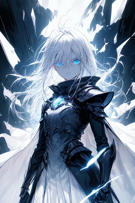 best quality, masterpiece, 1girl, solo, expression face, looking at viewer, blue eyes, flat chest, absurdly long hair, glowing eyes, white hair, ahoge, upper body, armored, gauntlets, black coat, futuristic, standing, energy, power, buff, aura, black cape, wielding sword, monochrome background, broken window behind, swirling broken glass pieces background, <lora:add_detail:1>, <lora:Gloomifier_TheDread_V1_LECO:1>, <lora:r1ge - AnimeRage:0.4>, half-closed eyes, hair between the eyes, flat chest, blue magic
