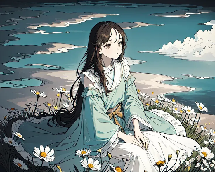 (best quality, masterpiece), Turquoise Screen Filter, (1girl, solo, brown robe, expression face, looking up, sitting, wide sleeves, black eyes, closed mouth, long hair, cowboy shot), (clear sky, cosmos flower filed, cloud),