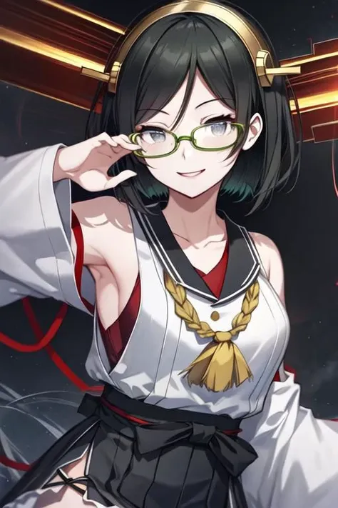 kirishima_kantaicollection,short_hair, glasses, black_hair, hairband, nontraditional_miko, green-framed_eyewear, headgear, smile, breasts
(best quality, masterpiece), unity 8k wallpaper,official art,extremely detailed CG,,face focus,(eye focus:1.4),(beautiful detailed eyes:1.4),(game cg:1.4),(draw the eyes clearly:1.4),