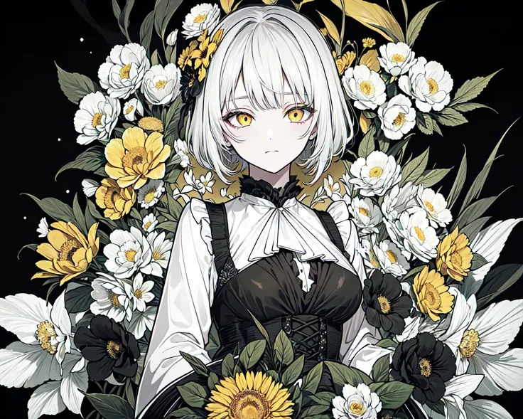 (best quality, masterpiece), (1girl, solo, black suit, standing , looking at viewer, white hair, yellow eyes, closed mouth, upper body), (giant black bouquet background, floral_background)