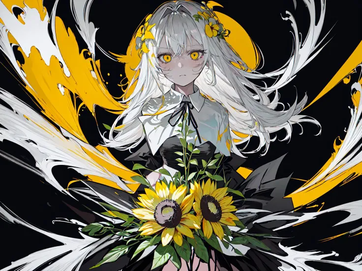 (best quality, masterpiece), (1girl, solo, black suit, standing , looking at viewer, white hair, yellow eyes, closed mouth, upper body), (giant black bouquet background, floral_background)