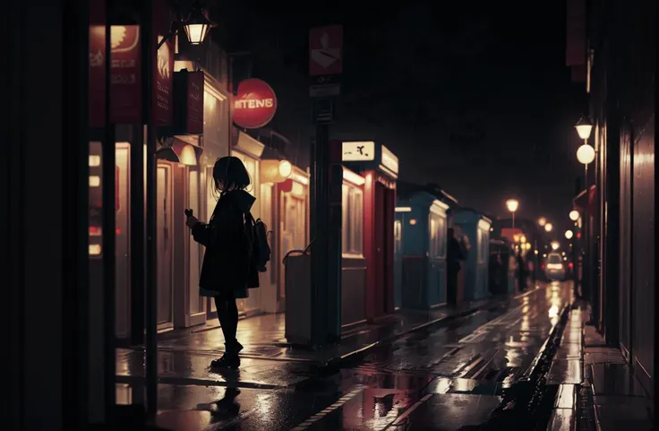dirty london street at night,lomo lc-a, 1girl, , 135mm lens f2.0,holding,,(raining),dark lighting