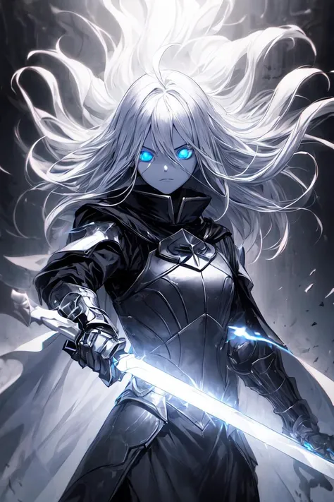 best quality, masterpiece, 1girl, solo, expression face, looking at viewer, blue eyes, flat chest, absurdly long hair, glowing eyes, white hair, ahoge, upper body, armored, gauntlets, black coat, futuristic, standing, energy, power, buff, aura, black cape, wielding sword, monochrome background, broken window behind, swirling broken glass pieces background, <lora:add_detail:1>, <lora:Gloomifier_TheDread_V1_LECO:1>, <lora:r1ge - AnimeRage:0.4>, half-closed eyes, hair between the eyes