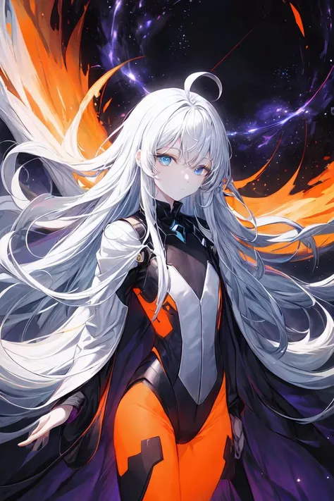 best quality, masterpiece, space entity, eldrich, purple theme, orange theme, red theme, glow, white hair, absurdly long hair, ahoge, blue eyes, (pale skin:0.9), expressionless face, looking at viewer, cowboy shot, flat chest, blue and orange energy, <lora:add_detail:1>, half-closed eyes, holding a black hole