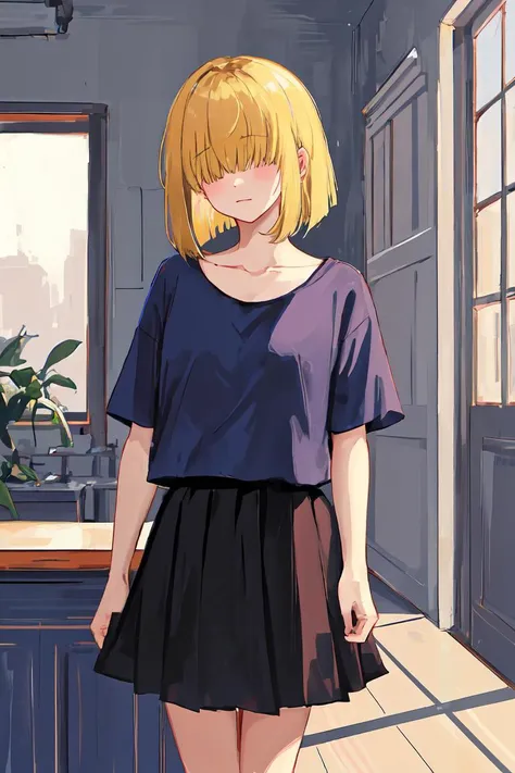 masterpiece, 1girl, solo, blonde hair, bob cut, hair over eyes, blue shirt, black skirt, indoors,