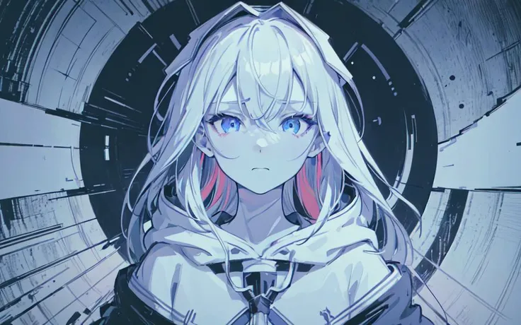 (best quality, masterpiece), Glitch screen filter, (1girl, solo, hood, expression face, standing, looking at viewer, cap, blue eyes, long straight hair, closed mouth, upper body,), (Monochrome, multicolored carved circle, white wall),