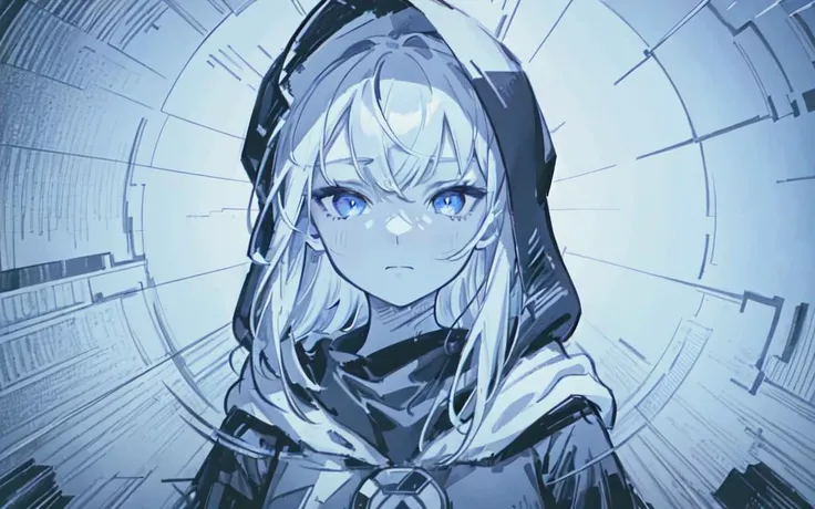 (best quality, masterpiece), Glitch screen filter, (1girl, solo, hood, expression face, standing, looking at viewer, cap, blue eyes, long straight hair, closed mouth, upper body,), (Monochrome, cracked multicolored carved circle, white wall, ),