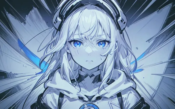 (best quality, masterpiece), Glitch screen filter, (1girl, solo, hood, expression face, standing, looking at viewer, cap, blue eyes, long straight hair, closed mouth, upper body,), (Monochrome, cracked multicolored carved circle, white wall, ),