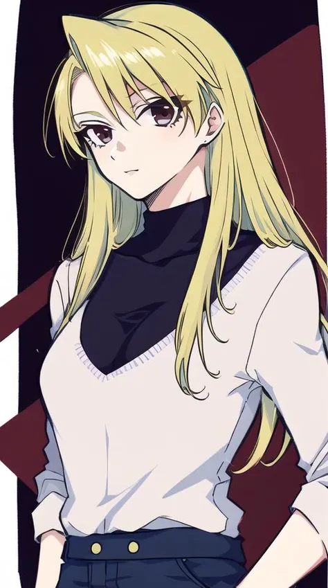 pixel-Riza, long hair, casual clothes, 1girl, upper body, masterpiece, from front, <hypernet:myhands_22k:0.75> <lora:riza-Hawkeye-LoRA:0.75>