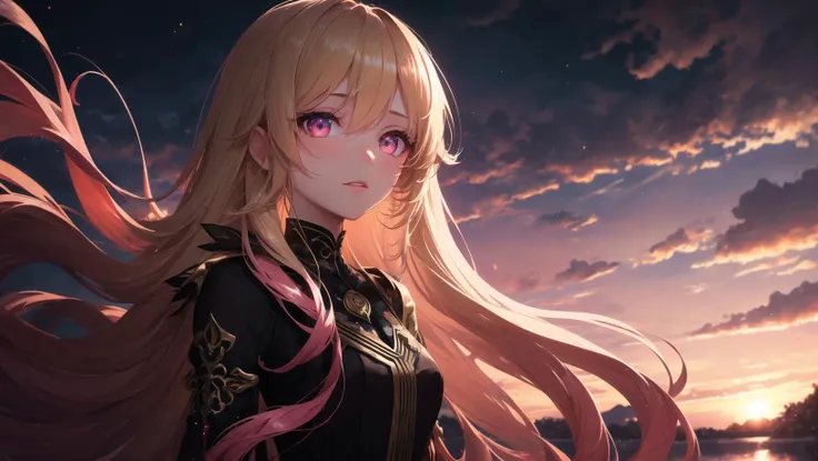 (masterpiece + best quality + finely detailed beautiful eyes:1.2), ultra high res, illustration, hyper detail, lustrous skin, depth of field, bokeh, Hard Lighting, 1girl, (curvy:0.8), girl (at evening + sunset:1.1)), (tri tails + very long hair + blonde hair), (girl wearing ), confused, dark pink eyes