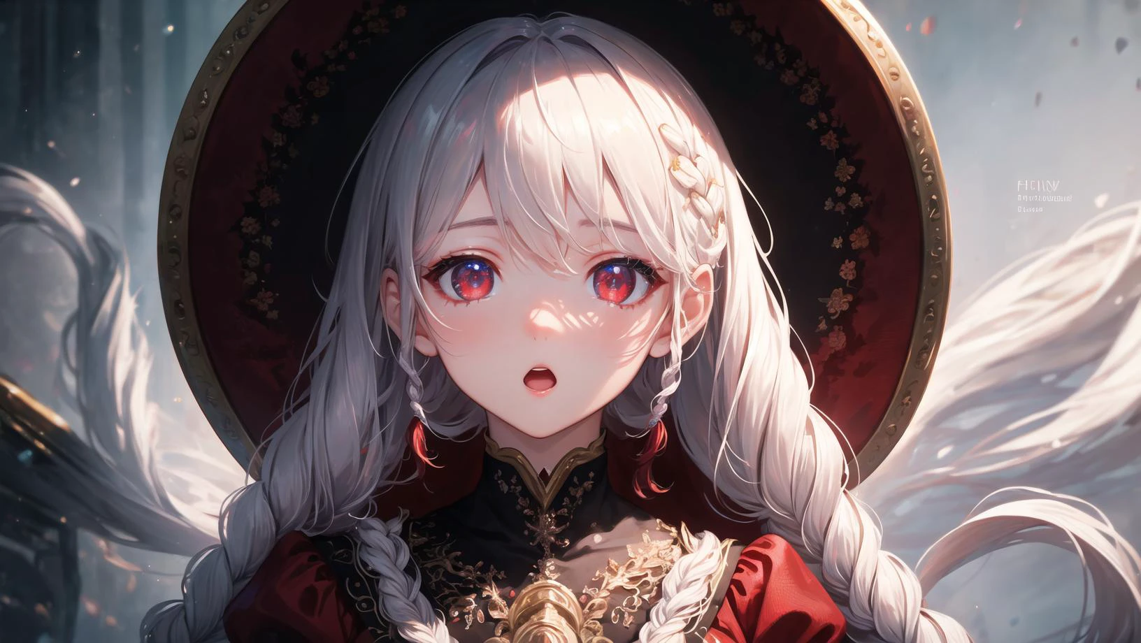(masterpiece + best quality + finely detailed beautiful eyes:1.2), ultra high res, illustration, hyper detail, lustrous skin, depth of field, bokeh, Hard Lighting, 1girl, (curvy:0.8), girl ), (low twin braids + long hair + white hair), (girl wearing ), :o, light red eyes