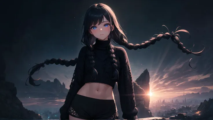 (masterpiece + best quality + finely detailed beautiful eyes:1.2), ultra high res, illustration, hyper detail, lustrous skin, depth of field, bokeh, Sunrays shine upon it, 1girl, (curvy:0.8), girl ), (quad braids + long hair + black hair), (girl wearing aran sweater + lowleg shorts + leggings), :|, dark blue eyes