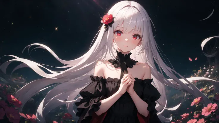 (masterpiece + best quality + finely detailed beautiful eyes:1.2), ultra high res, illustration, hyper detail, lustrous skin, depth of field, bokeh, Sunrays shine upon it, 1girl, (stars + milky way + dark + darkness), palace, meadow, flowers, nature, (frilled dress + strapless + off-shoulder + thighhighs:1.0), embarrassed, looking at viewer, red eyes, absurdly long hair + white hair, (petite + slender:0.2)