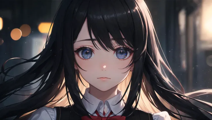 (masterpiece + best quality + finely detailed beautiful eyes:1.2), ultra high res, illustration, hyper detail, lustrous skin, depth of field, bokeh, Ambient occlusion, 1girl, (curvy:0.8), girl ), (bow-shaped hair + very long hair + black hair), (girl wearing sweater vest), :<, blind eyes