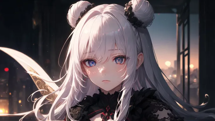 (masterpiece + best quality + finely detailed beautiful eyes:1.2), ultra high res, illustration, hyper detail, lustrous skin, depth of field, bokeh, Volumetric lighting, 1girl, (curvy:0.8), girl (at dusk + dark:1.1)), (triple bun + very long hair + white hair), (girl wearing chanchanko), sigh, demon eyes