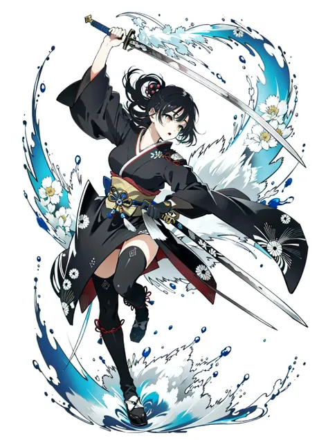 1girl, best quality, masterpiece, ultra high res,absolutely resolution,illustration, <lora:Attacking Concept-18:0.4>, detailed solo character holding wepon, detailed face, (attack action:1.4), using wepon, intricate design, sharp focus, samurai, japanese sword, <lora:flat2:1>, black hair, back eye, full body,