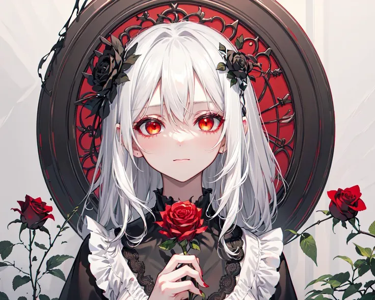 (best quality, masterpiece), (1girl, solo, black dress, standing , looking at viewer, white hair, red eyes, holding rose, closed mouth, upper body), (red dreamcatcher behind, red flower, )