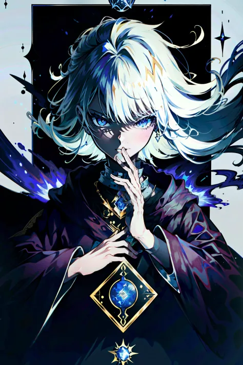 ((best quality, absurdres, beautiful detailed)), (anextremely delicate and beautiful:1.4), detailed closeup (to be defined), upper body, 1girl, (extremely detailed), ((masterpiece, highres)), beautiful detailed eyes, (ulzzang-6500:0.55), perfect detailedK, ultra detailed, solo,  (pureerosface_v1:0.6), (krface1:0.5), <lora:on_fire10:0.1>, <lora:LightningvfxCreateMore_v1:0.6>, <lora:lightAndShadow_v10:0.4>, <lora:FirevfxCreateMore_v2:0.1>, ((dark ages gothic fantasy), glowing eyes), mystic, mage, wizard, spell, boss Villain, [smoke], serious, aura, dark aura, blue purple, energy,
AND
(tarot card style:1.3), portrait, (the magician \(tarot\))