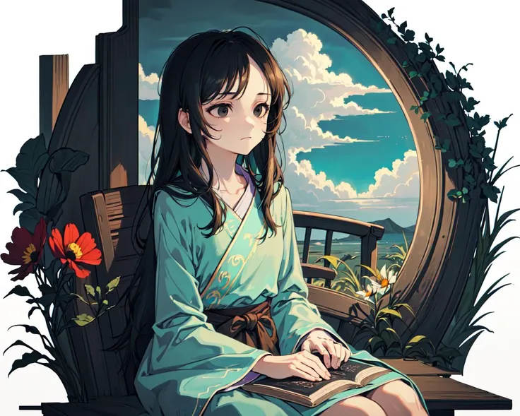(best quality, masterpiece), Turquoise Screen Filter, (1girl, solo, brown robe, expression face, looking away, sitting, wide sleeves, black eyes, closed mouth, long hair, cowboy shot), (clear sky, cosmos flower filed, cloud),