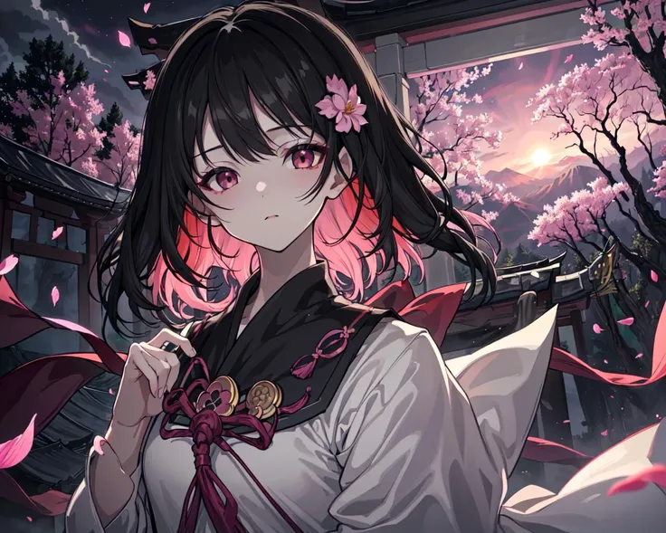 (best quality, masterpiece),(1girl, miko, coat, expression face, black eyes, looking at front ,black hair, walking, upper body), (night strray sky, huge old tree behind, falling glowing pink petals behind, shrine behind, mountain background, blowing wind, meteoric cloud)