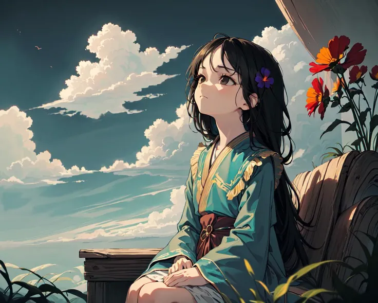 (best quality, masterpiece), Turquoise Screen Filter, (1girl, solo, brown robe, expression face, looking up, sitting, wide sleeves, black eyes, closed mouth, long hair, cowboy shot), (clear sky, cosmos flower filed, cloud),