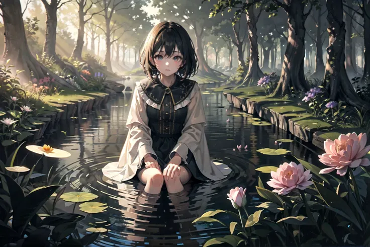 grainy, masterpiece, extremely detailed, absurdres, intricate detail, kodak porta, girl sitting on log in shadow, pond, forest, flowers, sun rays, natural lighting