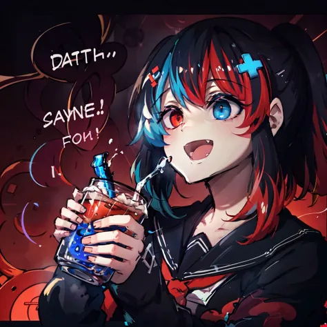 grainy,extremely detailed, masterpiece, dynamic lighting, <lora:Switchchan:0.8>, switch-chan smiling menacingly, drinking soda spilling soda, atmospheric lighting