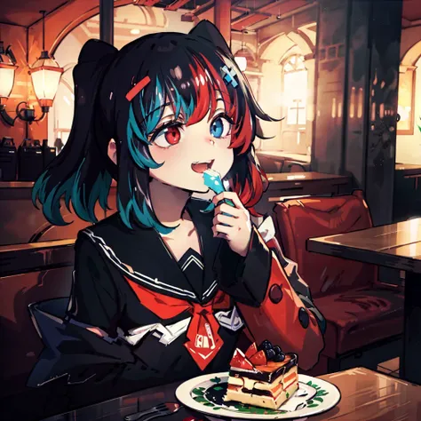 grainy,extremely detailed, masterpiece, dynamic lighting, <lora:Switchchan:0.8>, switch-chan smiling menacingly, eating cake in cafe, atmospheric lighting