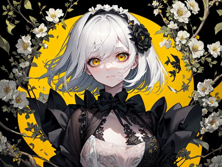 (best quality, masterpiece), (1girl, solo, black suit, standing , looking at viewer, white hair, yellow eyes, closed mouth, upper body), (giant black bouquet background, floral_background)
