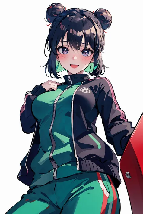 1girl, solo, breasts, embarrassed,blush,from below,cowboy shot,sweat,bangs,green track suit, smile,white background, looking at viewer, <lora:kuromiya-000008:0.8> <lora:flat2:0.2>