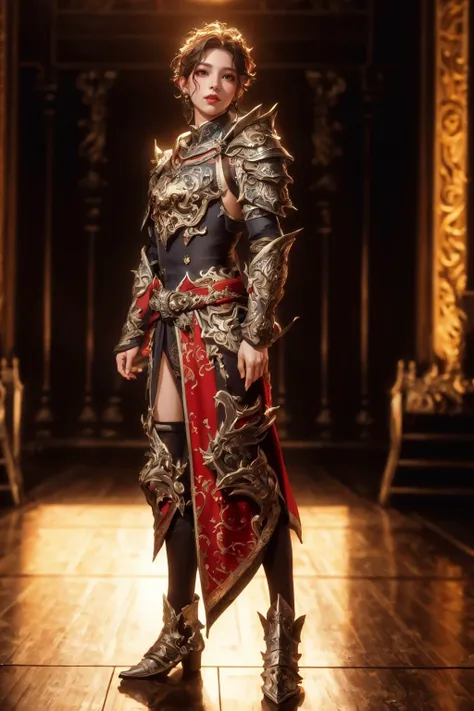highres,absurdres,masterpiece,best quality,original,extremely detailed CG,extremely detailed wallpaper,perfect lighting,jitome,lips,makeup,standing on the stage,blurry background,
<lora:Dhevv-Armor-Flames:0.6>,armor,