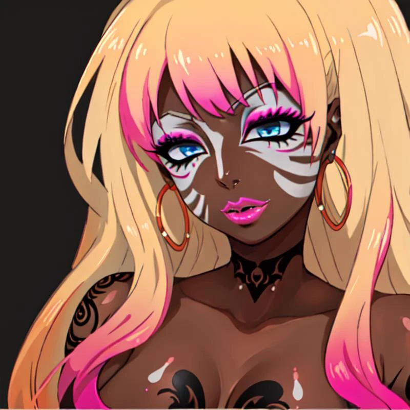 Score_9, score_8_up, score_7_up, score_6_up, source_anime, face shot, 1girl, solo, adult, black background, oange gradient hair with hot pink highlights, hoop earrings, dark-skinned female, tattoo, colored skin, BREAK, (yamanba, white facepaint makeup:1.3), face stickers, (pursed hot pink lips), parted lips, eyeshadow, very dark skin, makeup, leopard print, jewelry, white face tattoo, <lora:breastsizeslideroffset:.3> blue and orange latex, <lora:manba_v5:.8> <lora:retromanba:.6> bimbo lips, <lora:last:.6>, naruko \(naruto\), facial marks, blue eyes,