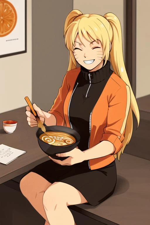 (best quality), (ultra-detailed), (best illustration), (best shadow), masterpiece, high res, best quality, 1girl, solo,  naruko \(naruto\), facial marks, blond hair, long hair, orange jacket, happy grin, eyes closed, bowl of ramen, sitting at table, <lora:character_naruko-v1:0.6>