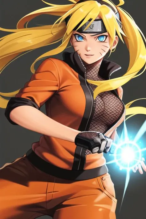 (best quality), (ultra-detailed), (best illustration), (best shadow), masterpiece, high res, best quality, 1girl, solo, detailed face, naruko \(naruto\), facial marks, blond hair, blue eyes, long hair,  rasengan,  orange jacket, fishnet, orange pants, headband, <lora:character_naruko-v1:0.5>