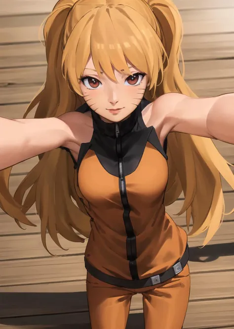 masterpiece, perfect, masterpiece, best quality, ultra-detailed, illustration, rich draw, 8k, 4k,extremely detailed), (best quality), (ultra-detailed), (best illustration), (best shadow), masterpiece, high res, best quality, 1girl, solo, naruko \(naruto\), facial marks, blond hair, long hair, orange jacket, ((naruto outfit)), orange pants, detailed face, intricate details <lora:narukoSexyJutsuNaruto_characterNarukoV1:0.7>