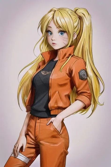 masterpiece, perfect, masterpiece, best quality, ultra-detailed, illustration, rich draw, 8k, 4k,extremely detailed), (best quality), (ultra-detailed), (best illustration), (best shadow), masterpiece, high res, best quality, 1girl, solo, naruko \(naruto\), facial marks, blond hair, long hair, orange jacket, ((naruto outfit)), orange pants, detailed face, intricate details, <lora:character_naruko:0.8>