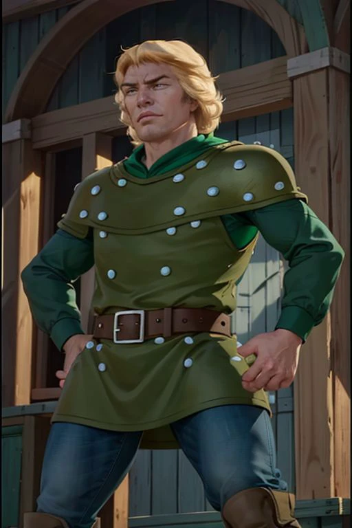 hank <lora:hank_dnd_V1:1>, leather armor, green shirt, green pants, brown boots