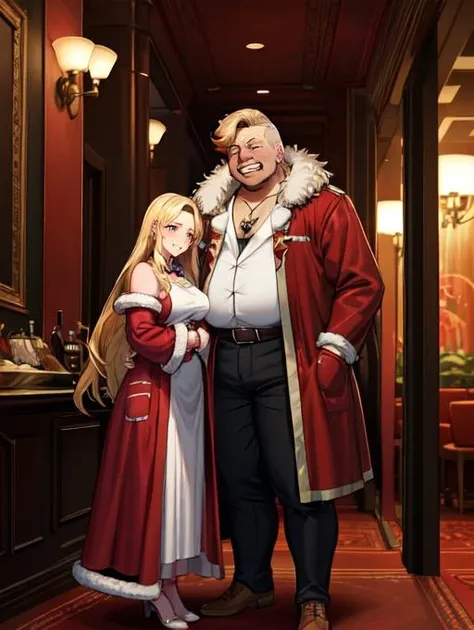 digital artwork, illustrative, painterly, matte painting, highly detailed, <lora:Detail - add_detail:0.2>, <lora:FFCorneo-10:0.75>, FFCorneo, fat man, 1boy, blonde hair, tattoo, grin, hotel, jewelry, red fur coat, hands in pocket, white shirt, 1girl, damsel in distress, girl standing next to boy, boy groping girl, aerith gainsborough,