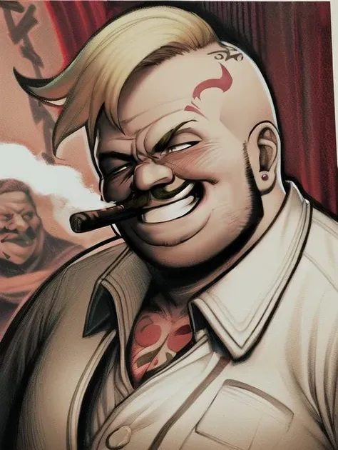 digital artwork, illustrative, painterly, matte painting, highly detailed, <lora:Detail - add_detail:0.2>, <lora:FFCorneo-10:0.75>, FFCorneo, fat man, 1boy, blonde hair, head tattoo, grin, park, day, jewelry, evil smile, white shirt, jacket, mugshot, wanted poster, cigar, monochrome, portrait, close-up,
